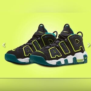 Kids Black and Green Nike Air More Uptempo (PS) Sneakers 👟